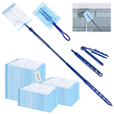 Afbeelding van 50 doekjes voor Swiffer stofmagneet, navulverpakking, set stofdoek Duster doeken met 1 handgreep, telescoopstang, reinigingsstof, stofdoek, navulling dierenharen, stof