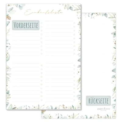 Afbeelding van paper&amp;you® Boodschappenlijstje A5 [bladgoud] 50 vellen incl. maaltijdplanner voor de hele week op achterkant duurzaam &amp; klimaatneutraal