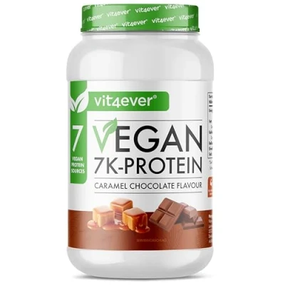 Afbeelding van Vegan 7K Protein 1kg Caramel Chocolate Puur Plantaardig Eiwitpoeder met Rijst , Amandel Soja Erwten Hennep Cranberry en Zonnebloemeiwit.