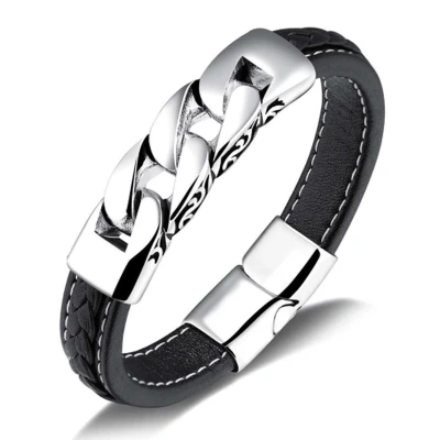 Afbeelding van Victorious Leren Armband Heren RVS Roestvrijstaal Sluiting Zwart 23.5cm
