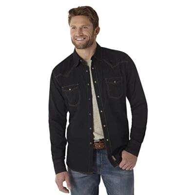 Afbeelding van Wrangler Retro T shirt met lange mouwen en knoopsluiting voor heren, Zwart, L