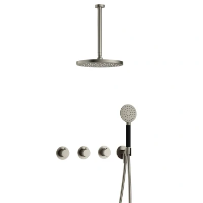 Afbeelding van Hotbath Cobber Regendoucheset IBS70 Geborsteld Nikkel Ronde handdouche 30cm Hoofddouche Plafondbuis Handouche met wandhouder