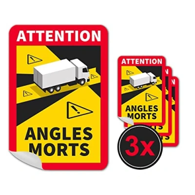 Afbeelding van 3 stuks Attention Angles Morts voor vrachtwagens en caravans, 25 x 17 cm, stickers, waarschuwingsbord, Frankrijk, met uv bescherming, speciaal buiten STROBO