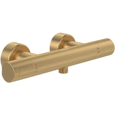Afbeelding van Villeroy &amp; Boch Universele Taps Fittings Douchethermostaat, douchekraan met bescherming tegen verbranding en veiligheidsvergrendeling bij 38, mengkraan douche opbouw, rond, geborsteld goud