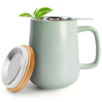 Afbeelding van Happy Lemuro Theemok met infuser en deksel 475 ml keramische mok thee ei diepe theekop groot handvat beker