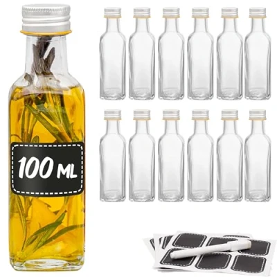 Afbeelding van 12 Glazen flessen 100ml met vierkante schroefdop Lege om te vullen etiketten stift voor olie, azijn, sap &amp; limonade