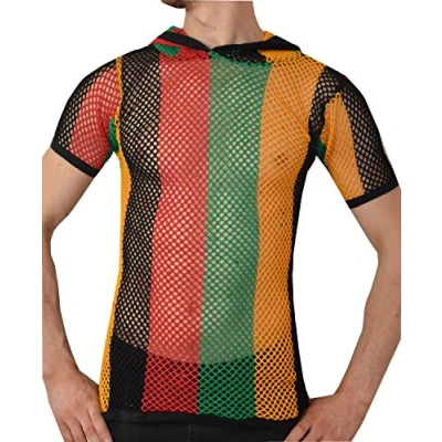 Afbeelding van Crystal Heren 100% katoen string mesh visnet korte mouw T shirt, Zwart/Rood/Groen/Goud (met capuchon), XL