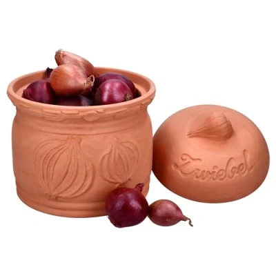 Afbeelding van MamboCat Terra uienpot van terracotta, Ø 17,8 cm, aardewerk pot met deksel voor je keuken, mooi gevormde opbergdoos reliëf en belettering, ideaal lange opslag