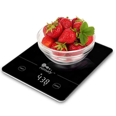 Afbeelding van Himaly Digitale keukenweegschaal, voedselweegschaal met gehard glasplatform, elektronische kookweegschaal lcd display, multifunctionele weegschaal voor bakken, tarrafunctie, 5 kg/12 lbs