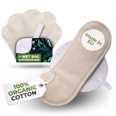 Afbeelding van Herbruikbare Maandverbanden, 6 stuks Organisch Kaoten Wasbare stoffen pads met vleugels (grootte S &amp; M), doek Dameshygiëne Inlegkruisje GEMAAKT IN DE EU; Ecologisch Periode Servetten voor menstruatie, overvloedige stromen, postpartum; EXTRA Natte Zak