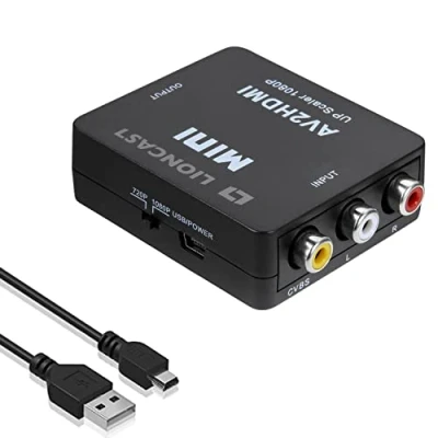 Afbeelding van Lioncast RCA naar HDMI adapter, AV 2 converter ondersteuning 1080P met USB laadkabel, beschermhoes voor PC/Nintendo/Xbox/PS4/PS3/TV/STB/VHS/VCR/camera/DVD, zwart