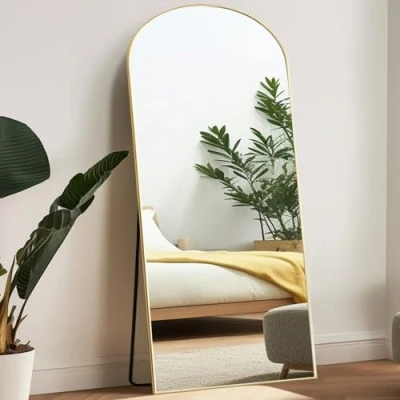 Afbeelding van Melodieux Boogspiegel, volledige lengte, grote vloerspiegel met standaard, 85 x 192 cm, vrijstaande lichaamsspiegel goudkleurige lijst, opmaakspiegel, hangende of leunende spiegel, wandmontage