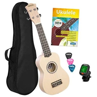 Afbeelding van CASCHA Sopraan Ukelele set, Italiaans voor kinderen en volwassenen, starterset met 3 plectrums tas, leerboek, leervideo&#039;s via QR code, stemapparaat, Aquila snaren, kleine Hawaii gitaar, crème