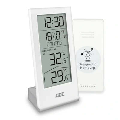 Afbeelding van ADE Digitale radioklok met temperatuurweergave en buitensensor, thermometer voor binnen buitentemperatuur, trendweergave, tafelklok datum dag van de week, incl. batterijen, wit