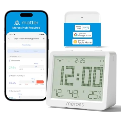 Afbeelding van Meross WLAN, intelligente thermometer, hygrometer met groot display, wifi, temperatuursensor, luchtvochtigheid, ondersteunt waarschuwing en melding, compatibel Matter, Apple HomeKit, Alexa