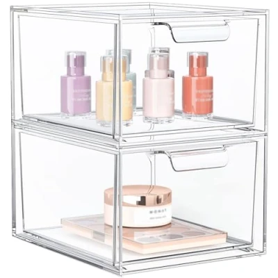 Afbeelding van 2 stapelbare opbergladen van acryl voor make up, lade opbergdoos, ladesets het opbergen 16 antislipmatten, perfect badkamer, kaptafel en kantoor