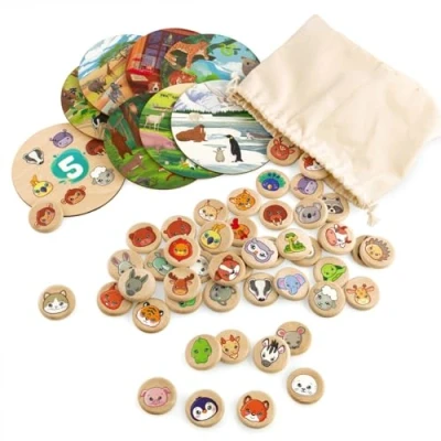 Afbeelding van Ulanik Dieren bingo spel, spelletjes vanaf 3 jaar, houten bordspellen voor kinderen van 4, 5, 6, 7 en 8 educatief kleuterschoolspellen peuters, 48 stuks