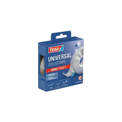 Afbeelding van tesa Universele nano tape, transparant, dubbelzijdig plakband, gemakkelijk verwijderbaar en herbruikbaar, weerbestendig, voor binnen buiten, 1 rol, 3 m x 30 mm