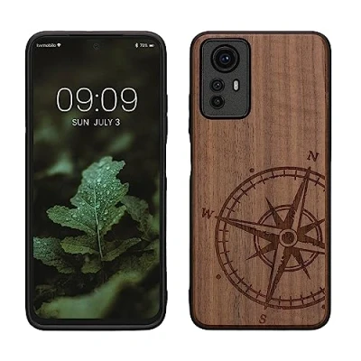 Afbeelding van kwmobile telefoonhoesje geschikt voorXiaomi Redmi Note 12S Hoesje met bumper walnoothout In donkerbruin Vintage Kompas design