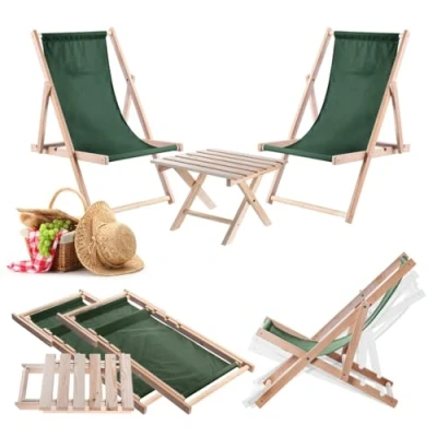 Afbeelding van KADAX Klaptafel met 2 ligstoelen, kleine tuintafel van hout, bijzettafel voor balkon en tuin, koffietafel, balkontafel inklapbaar (donkergroen)