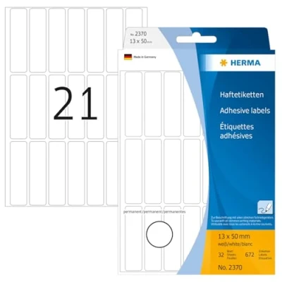 Afbeelding van HERMA 2370 multifunctionele etiketten mini (13 x 50 mm, 32 velles, papier, mat) zelfklevend, permanent klevende huishoudelabels voor handschrift, 672 stickers, wit