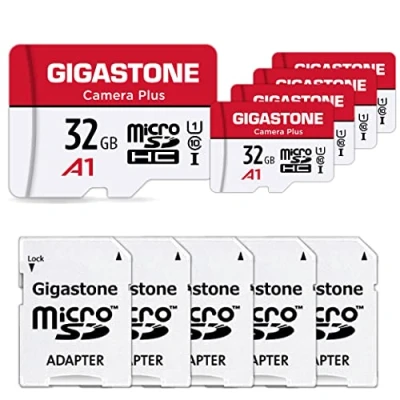 Afbeelding van Gigastone 32GB 5 pack micro sd geheugenkaart, Camera Plus, SDHC UHS I A1 klasse 10, 90/20 MB/s lees en schrijfsnelheid, geschikt voor Nintendo Switch, Compactcamera’s, GoPro action cam, mirco card