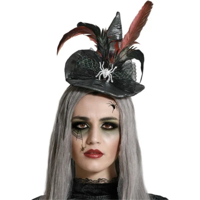 Afbeelding van Halloween heksenhoed mini hoedje op diadeem one size zwart/rood meisjes/dames Verkleedhoofddeksels