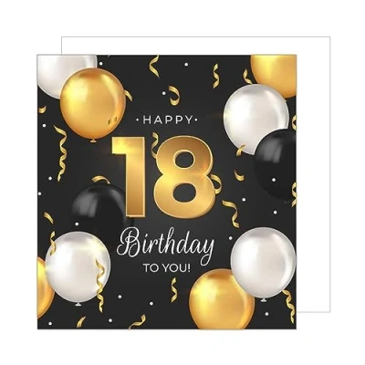 Afbeelding van Edition Seidel Premium vierkante wenskaart 18e verjaardag met envelop. Verjaardagskaart Happy Birthday kaart billet man vrouw ballonnen goud (GZQ105 18)