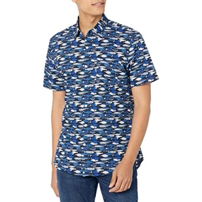 Afbeelding van Amazon Essentials Men&#039;s Shirt met korte mouwen, print en slanke pasvorm, Blauw Vis, XS