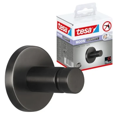 Afbeelding van tesa MOON Handdoekhaak van Geborsteld Grafiet Zelfklevende Gemaakt PVD gecoat Metaal Zonder Boren, incl. Kleefoplossing 37 mm x 36
