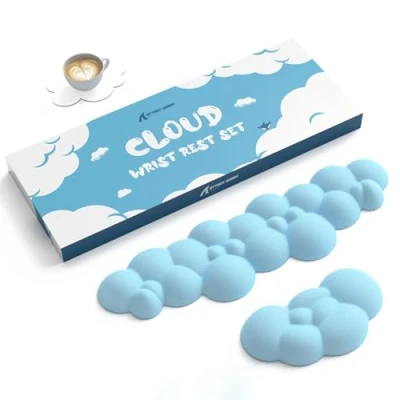 Afbeelding van ATTACK SHARK Cloud Toetsenbord Muismat Polssteun met Onderzetter Set, Ergonomische Handpalmsteun, Antislip Basis, Ultrazachte Geheugenschuim Polskussen voor Comfortabel Typen/Gamen Blauw