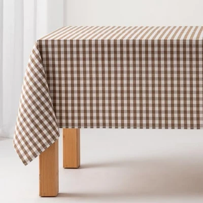 Afbeelding van GAMUSI Tafelkleed, vuilafstotend, vierkant, vichy patroon, katoen, waterdicht, 140 x cm, taupe