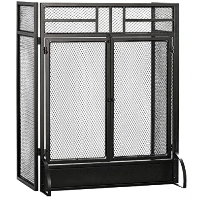 Afbeelding van HOMCOM Vonkenbeschermingsrooster voor open haard, firewall veiligheidsbarrière, 3 opvouwbare kleppen en deur, metaal, zwart