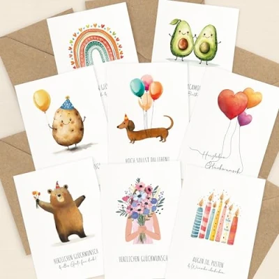 Afbeelding van LOViLEE® 10 x verjaardagskaartenset met envelop en stickers, wenskaarten verjaardag, Happy Birthday kaart, wenskaarten, verjaardagskaart vrouw, man, vouwkaartenset 2