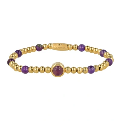 Afbeelding van My Bendel Elastische goudkleurige armband Amethyst edelsteen bedels Met luxe cadeauverpakking