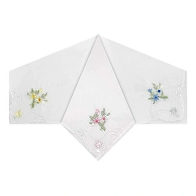 Afbeelding van Pack van 3 Dames/Dames Witte Zakdoeken, Bloemen Geborduurd Met Sint Jakobsschelp &amp; Kant Hoeken, 100% Katoen, 29 x 29cm, Wit, one size