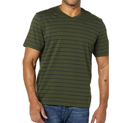 Afbeelding van Amazon Essentials Heren Slim Fit T shirt met korte mouwen en V hals, verpakking van 2 stuks, marineblauw/olijf/gestreept, medium