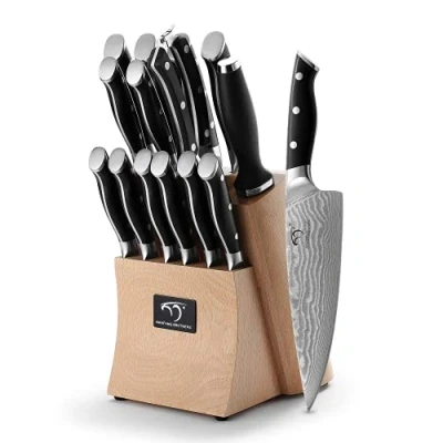 Afbeelding van Damascus Keukenmes Set 15 stuks, Chef Messen 67 Lagen VG10 Staal, Japanse Professionele Keuken Scherpe Mes met Houten Blok