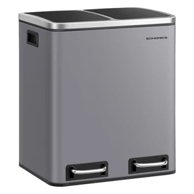 Afbeelding van SONGMICS Keuken Prullenbak, 2 x 15 L, afvalscheidingssysteem, compartimenten, inclusief vuilniszakken, afvalbak, pedaalemmer, recyclebaar afval, GFT soft close deksel, matgrijs LTB030G01