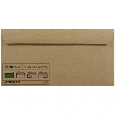 Afbeelding van Netuno 50 enveloppen kraftpapier lang 110x220mm 100g Aster Kraft DL natte lijm zonder venster voor bruiloft verjaardag uitnodiging Kerstmis
