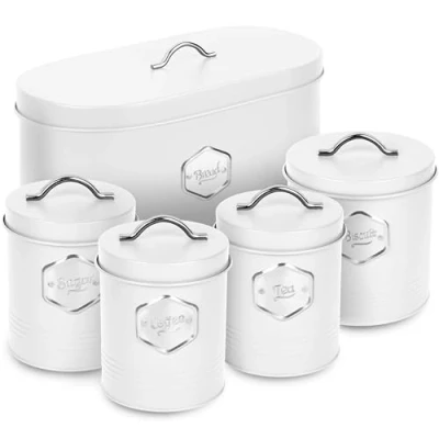 Afbeelding van HEFTMAN witte keuken canister set stijlvolle 5 delige opslag bus voor brood, koekjes, suiker koffie thee luchtdicht, gelabelde containers accessoires (5 stuks)