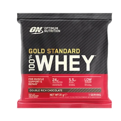Afbeelding van Optimum Nutrition Gold Standard 100% weiproteïnepoeder voor spieropbouw en regeneratie met natuurlijke glutamine BCAA aminozuren, Double Rich Chocolate, 24 verpakkingen, x 31 g