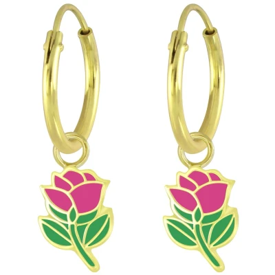 Afbeelding van JoyS Zilveren bloem bedel oorbellen roze roosje oorringen 14k goudplating