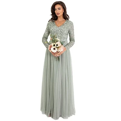 Afbeelding van Maya Deluxe Damesjurk met mouwen voor bruiloftsgast, V hals, hoge empire taille, maxi, lange lengte, avondfeest, bruidsmeisje, gala, Groene Lelie, 46