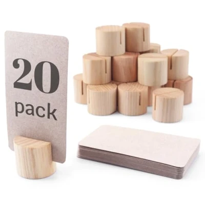 Afbeelding van Set van 20 mini houten tafelnummerhouders met 25 stuks kraftpapier plaatskaarten plaatskaarthouders, eettafel kaarthouders, naamkaarthouders voor tafels, foto en tekenhouder (lichtbeige)