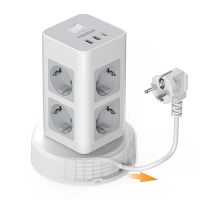 Afbeelding van TESSAN Meervoudig Stopcontact met USB C, 8 voudige Stekkerdoos Intrekbare Verlengkabel, Meervoudige 2M Verlengsnoer, Stopcontacttoren, Verdeeldoos voor in Huis