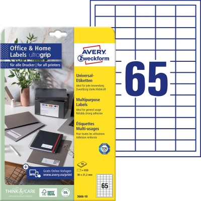 Afbeelding van Avery Zweckform universele etiketten, 38 x 21,2 mm, wit, permanent klevend, 650 10 vellen etiket