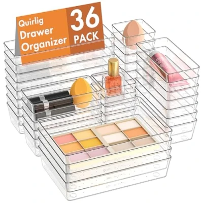 Afbeelding van Quirlig Lade organizer, 36 stuks, transparante kunststof ladedozen in 4 maten, stapelbare ladeverdelers voor badkamer, keuken, make up