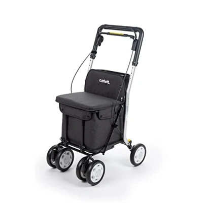 Afbeelding van Carlett Boodschappentrolley rollator met zitje, plooibare supermarkttrolley 4 wielen afneembare tas 29 l/15 kg en lade voor persoonlijke spullen, Lett800 Senior Comfort, zwart