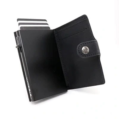 Afbeelding van STEALTH Wallet Slanke Lichtgewicht Minimalistische Kaarthouder Portemonnee Compacte RFID Blokkerende Pop up Portemonnees Kaarthouders (Zwart Aluminium met Zwart Crazy Horse leer en Muntzakje)